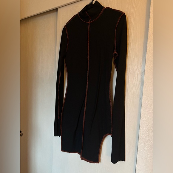 NWOT black long sleeve orange contrast cut out mockneck goth bodycon mini dress - Picture 4 of 7